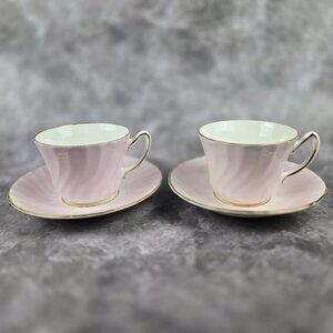 Vintage Delphine Bone China Set of 2 Pale Pink Cups & Saucers Gold Trim Accents